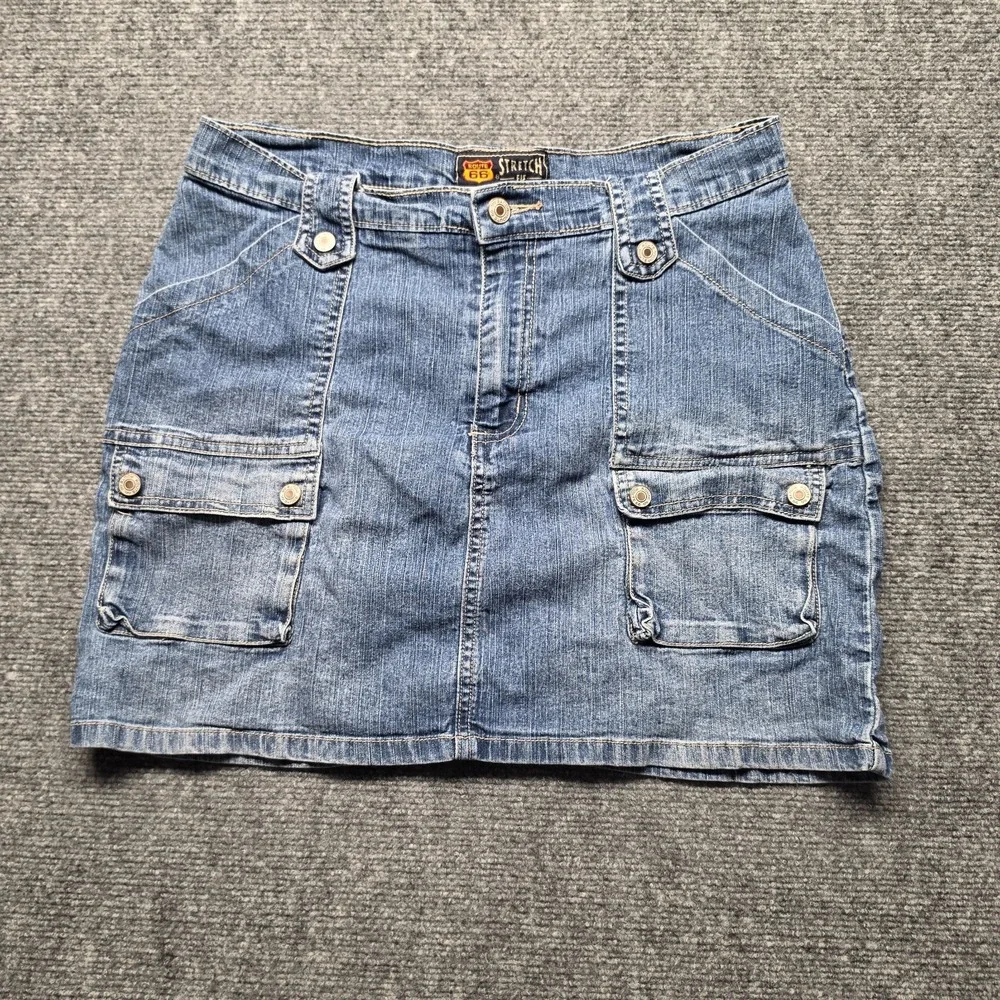 Vintage Route 66 Y2K Denim Mini Skirt Size 12 Stretch Cargo Pockets Blue Medium
